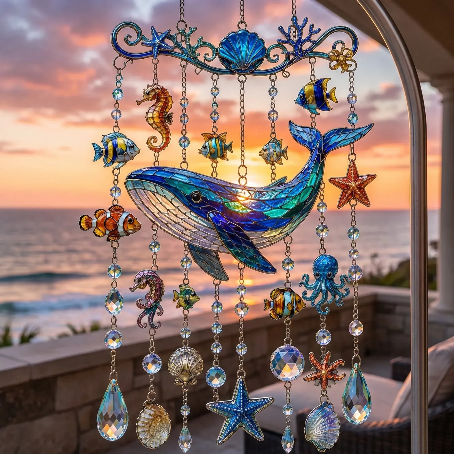 🔥🐋🐢🐬Ocean-Themed Crystal Wind Chime – 🌊Bring the Ocean Glow to Your Garden