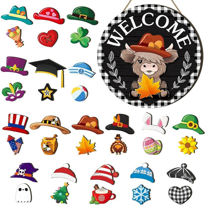 🐮 35-Piece Interchangeable Highland Cow Welcome Sign – Seasonal Magnetic Door Decor