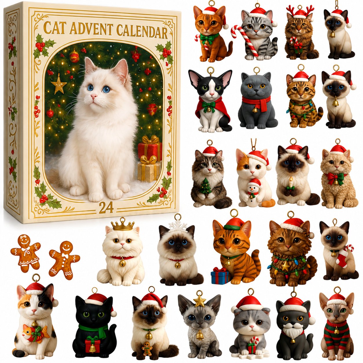 2026 Cat-Themed Advent Calendar - Christmas Holiday Countdown Gifts - 24 Cute Cat Decorations - Christmas Tree Ornaments