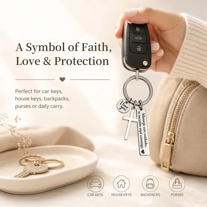 Keychain with Cross and 'I Love You' Charm