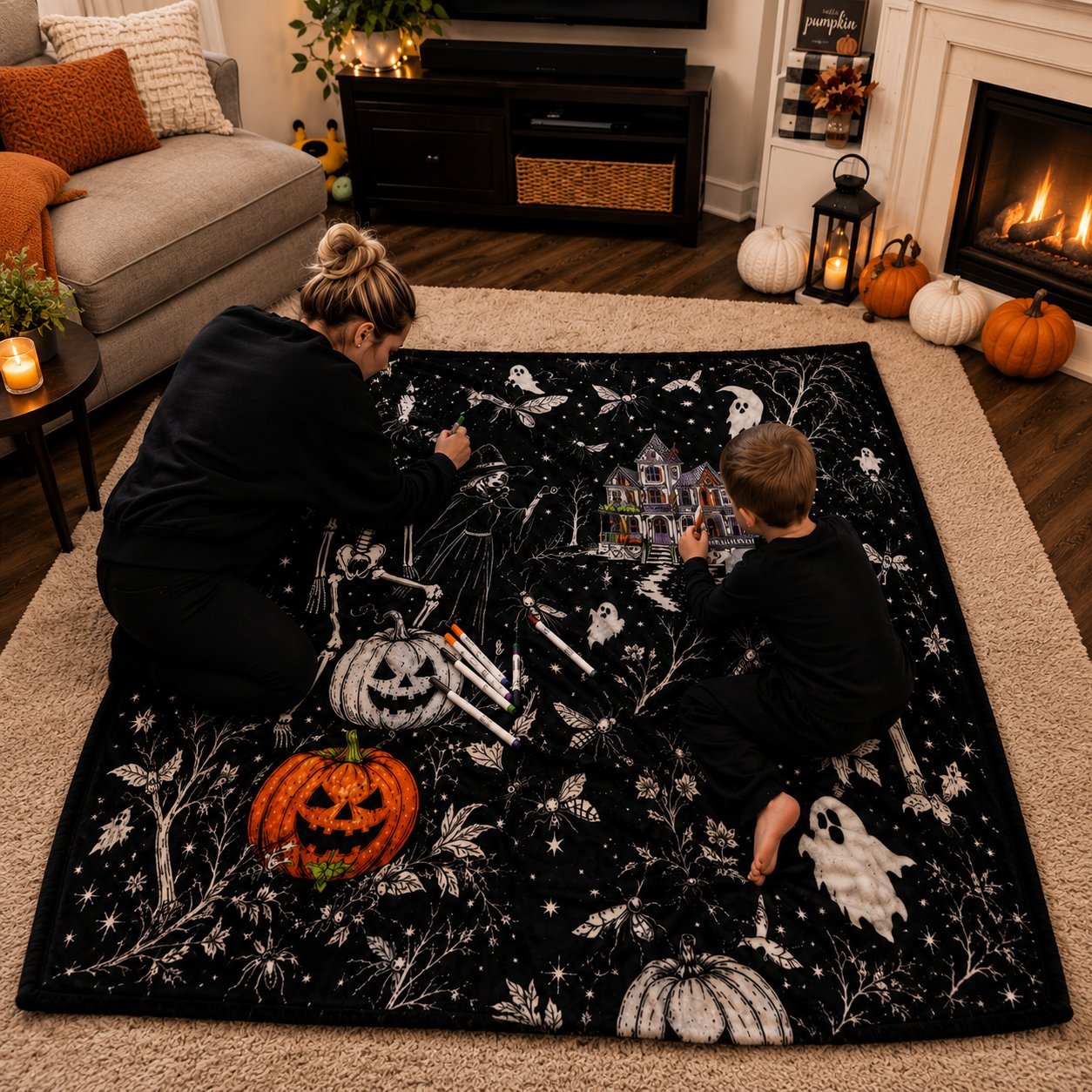 🎨Halloween Colouring Sherpa Blanket| Washable, Reusable, DIY Spooky Decor & Family Craft Gift