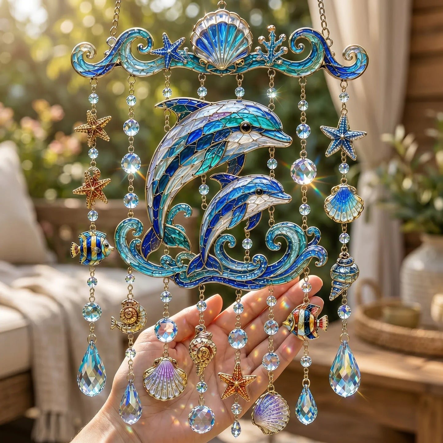 🔥🐋🐢🐬Ocean-Themed Crystal Wind Chime – 🌊Bring the Ocean Glow to Your Garden