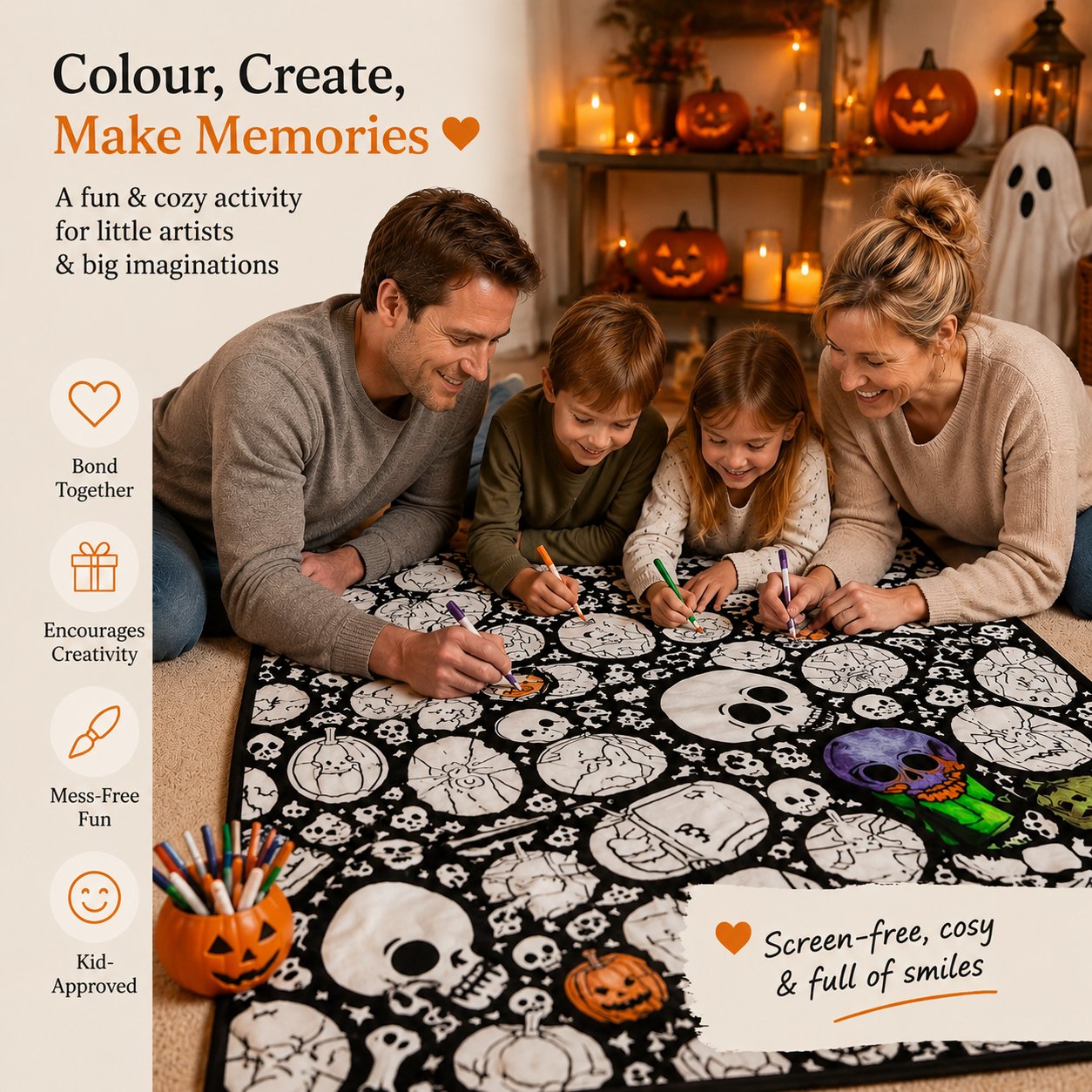 🎨Halloween Colouring Sherpa Blanket| Washable, Reusable, DIY Spooky Decor & Family Craft Gift