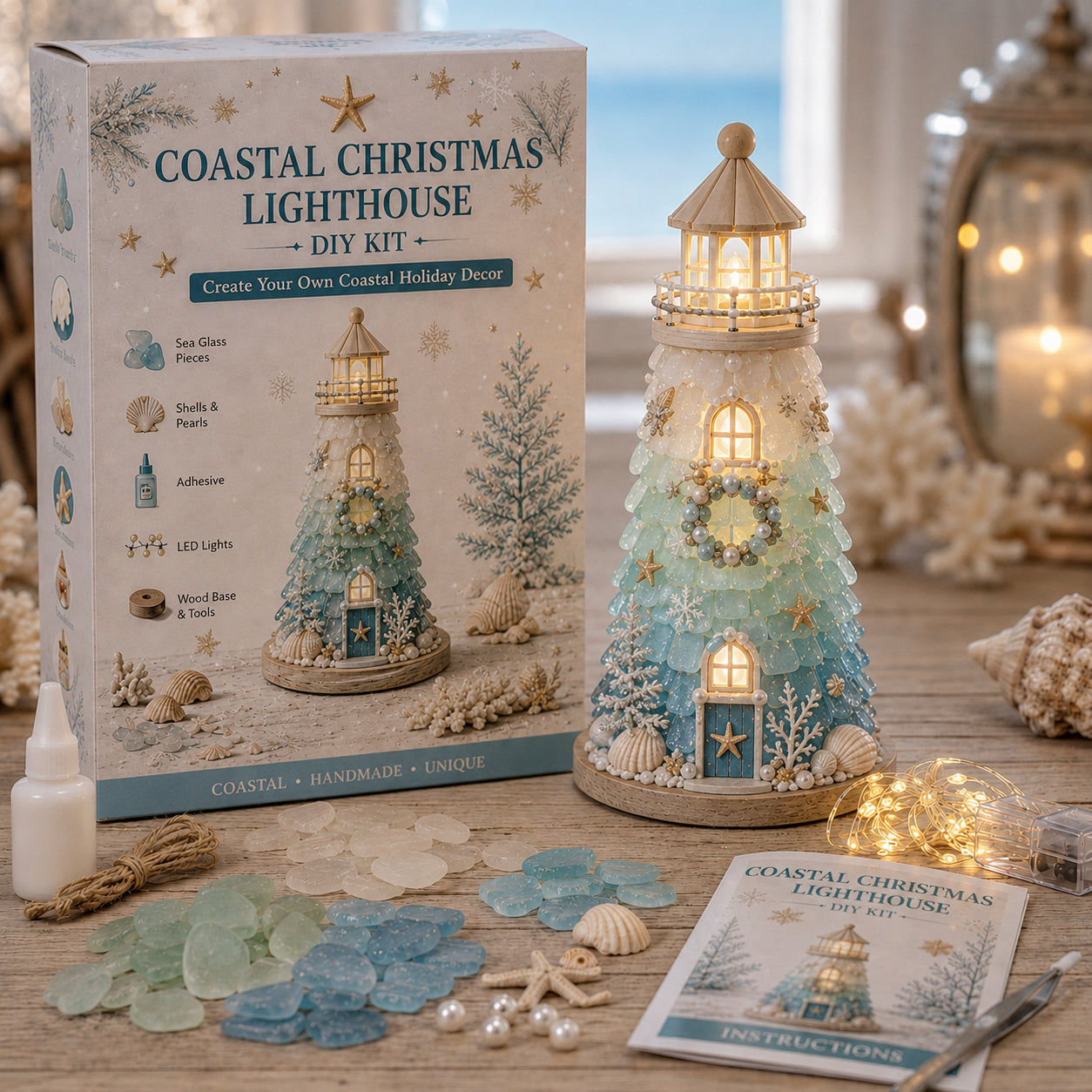 🌊 DIY Sea Glass Lighthouse Kit – Light-Up Coastal Craft & Handmade Home Decor