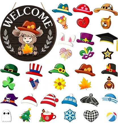 🐮 35-Piece Interchangeable Highland Cow Welcome Sign – Seasonal Magnetic Door Decor