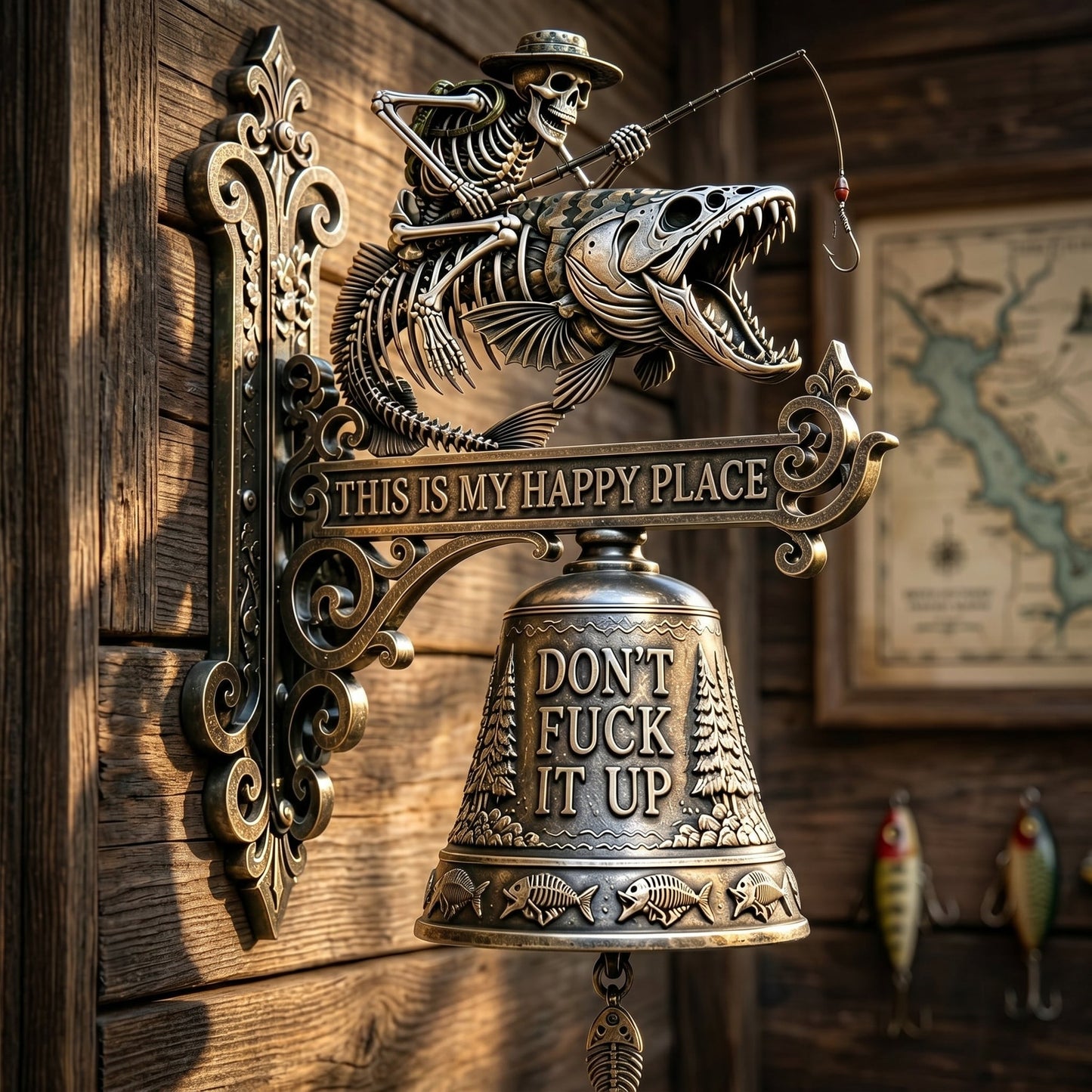 🎣 "This Is My Happy Place Don't F*ck It Up" Skeleton Fishing Wall Bell