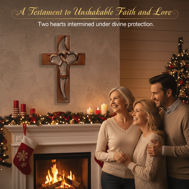 Hand-Carved Intertwined Hearts Wooden Cross