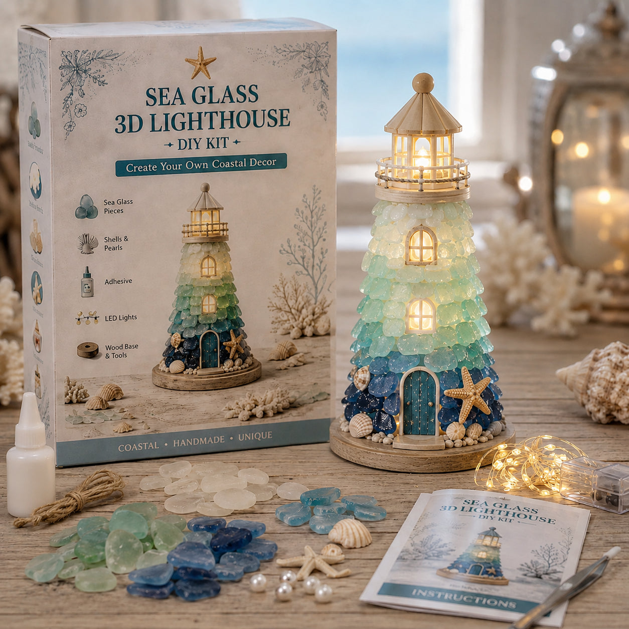 🌊 DIY Sea Glass Lighthouse Kit – Light-Up Coastal Craft & Handmade Home Decor