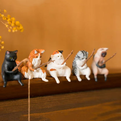 Hand-Painted Mini Cat Desk Figurines - Set of 5 Cute Cartoon Kitty Com