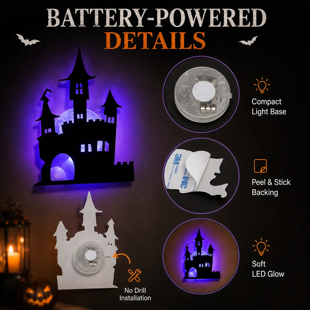 Halloween LED Silhouette Wall Light Stickers, Battery Powered Peel & Stick Decor Lights🎃