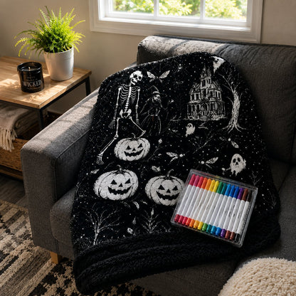 🎨Halloween Colouring Sherpa Blanket| Washable, Reusable, DIY Spooky Decor & Family Craft Gift