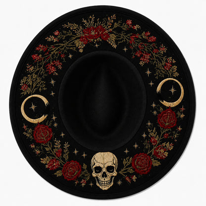 🎃 Gothic Embroidered Wide Brim Fedora Hat 🖤🌙