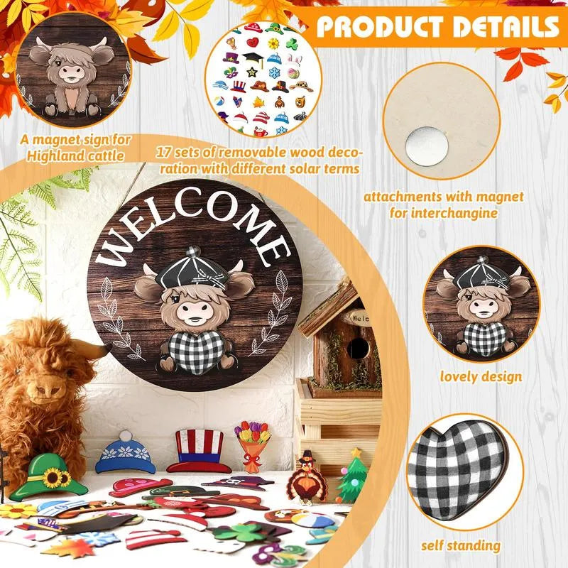 🐮 35-Piece Interchangeable Highland Cow Welcome Sign – Seasonal Magnetic Door Decor