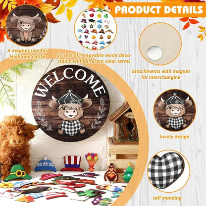 🐮 35-Piece Interchangeable Highland Cow Welcome Sign – Seasonal Magnetic Door Decor