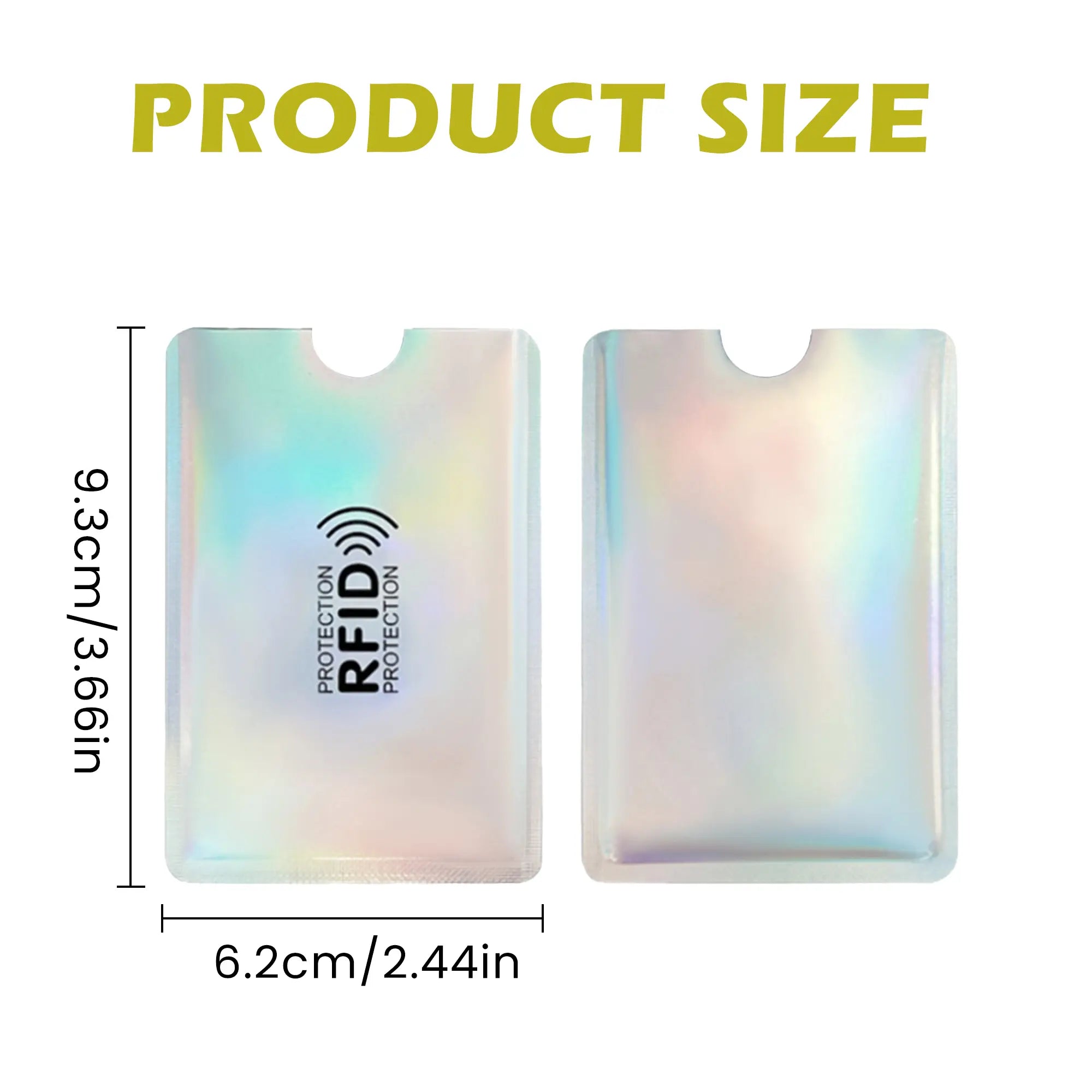 RFID blocking sleeve dimensions measuring 9.3 by 6.2 centimetres