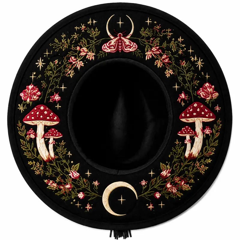 🎃 Gothic Embroidered Wide Brim Fedora Hat 🖤🌙