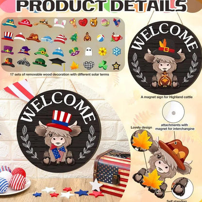 🐮 35-Piece Interchangeable Highland Cow Welcome Sign – Seasonal Magnetic Door Decor