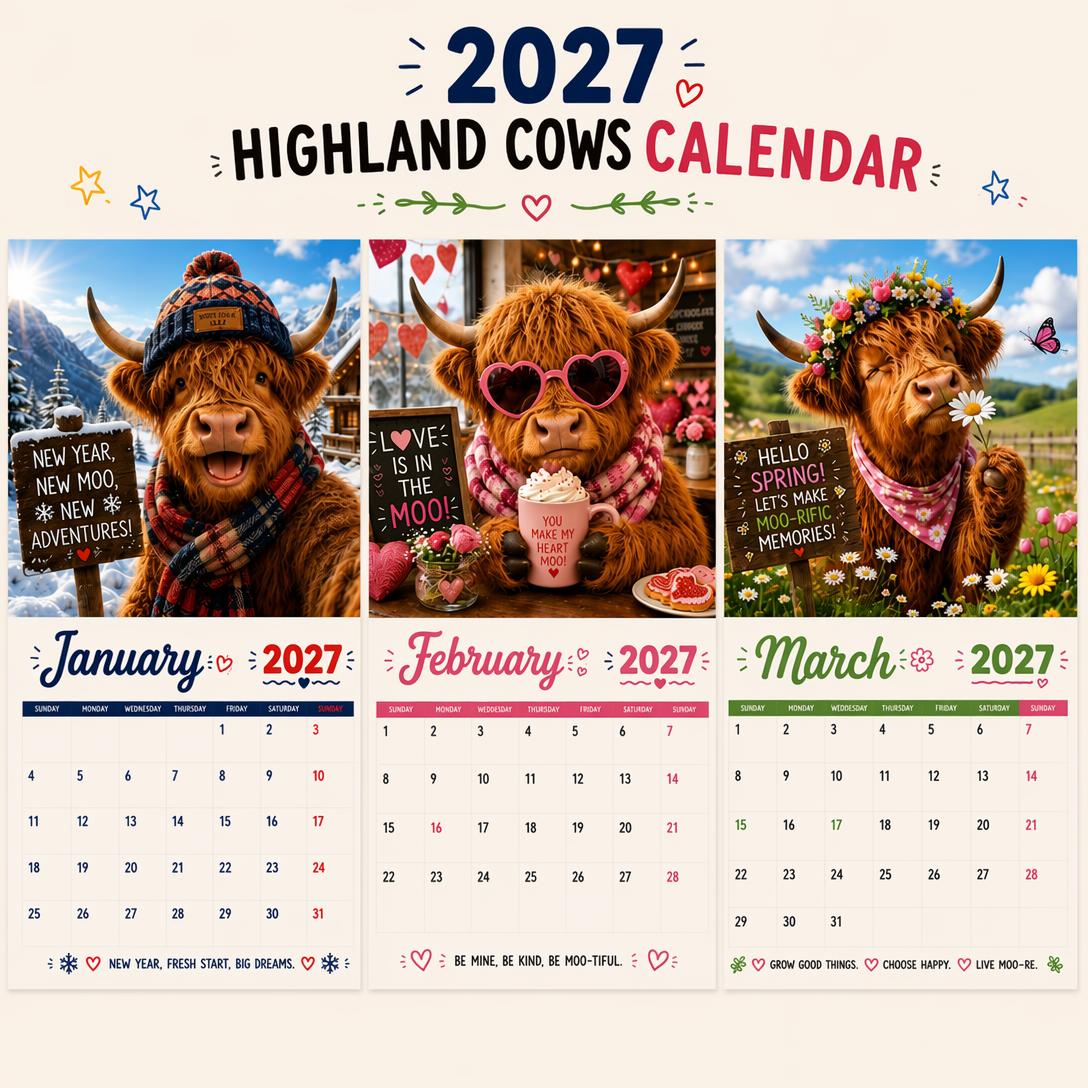 2027 Funny Highland Cows Wall Calendar | A4 Hanging Calendar