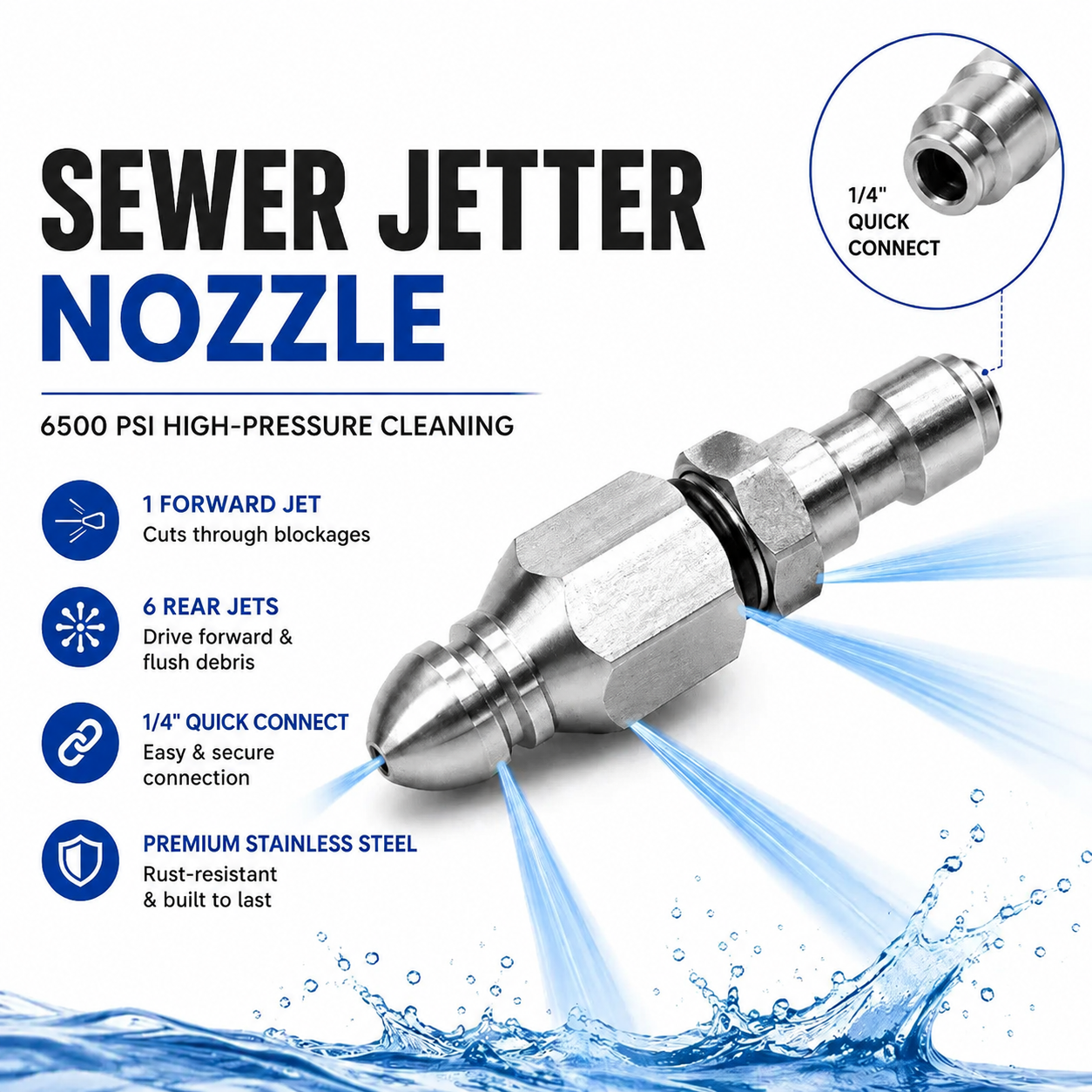 🔥6500 PSI Stainless Steel Sewer Jetter Nozzle – 1/4" Quick Connect Drain Cleaning Attachment for Pressure Washers