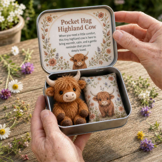 🌾🐮Handmade Wool Felt Highland Cow Pocket Hug – Mini Plush Gift Set for Anxiety Relief💛 Cute Desk Decor & Stocking Stuffer
