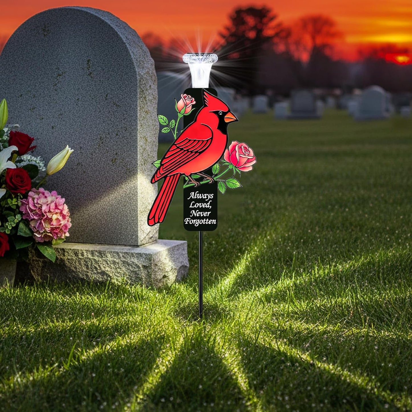 🎖️Solar Cardinal Memorial Stakes for Graves - Metal Cemetery Decorations with LED Light