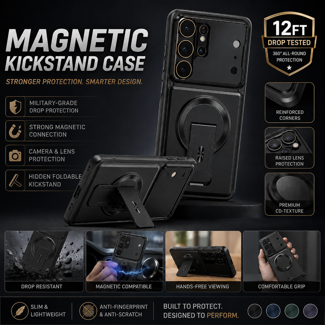 📱Magnetic Kickstand Phone Case forS Series – Shockproof Slim Case with Camera Lens Protection & Hidden Stand