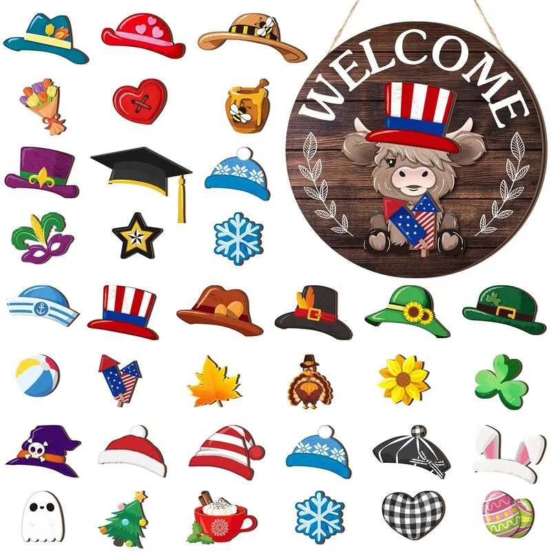 🐮 35-Piece Interchangeable Highland Cow Welcome Sign – Seasonal Magnetic Door Decor