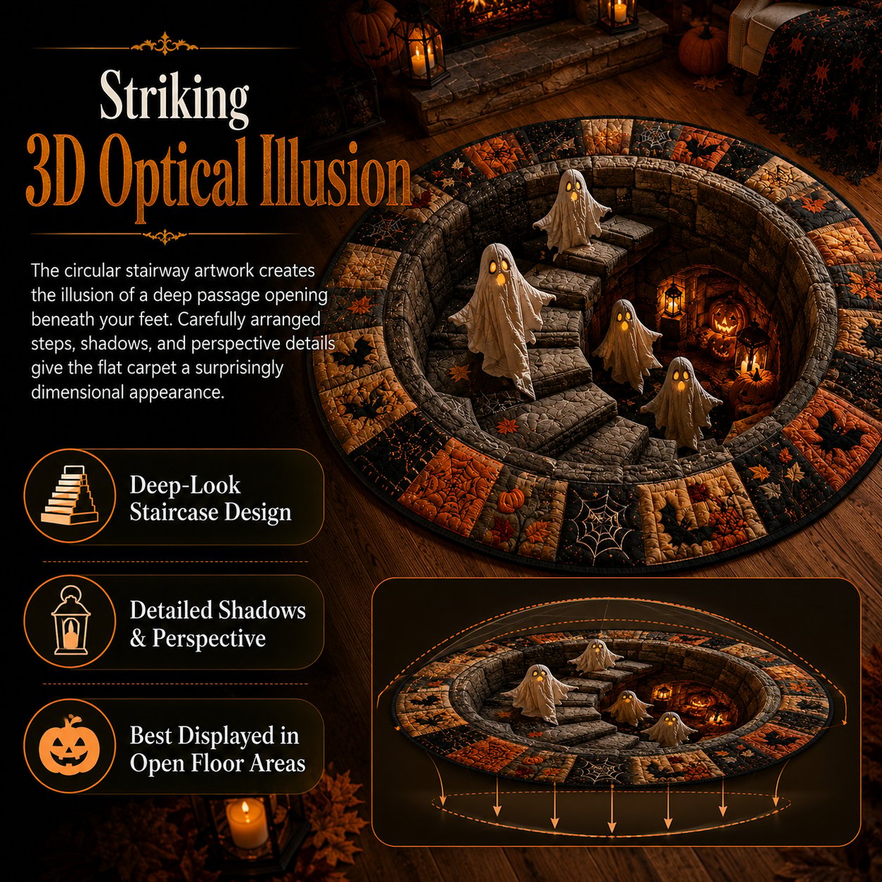 🔥 3D Haunted Staircase Round Rug – Spooky Halloween Optical Illusion 👻