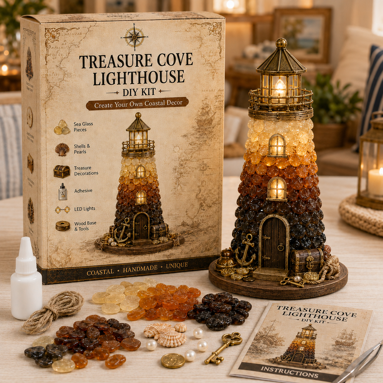 🌊 DIY Sea Glass Lighthouse Kit – Light-Up Coastal Craft & Handmade Home Decor
