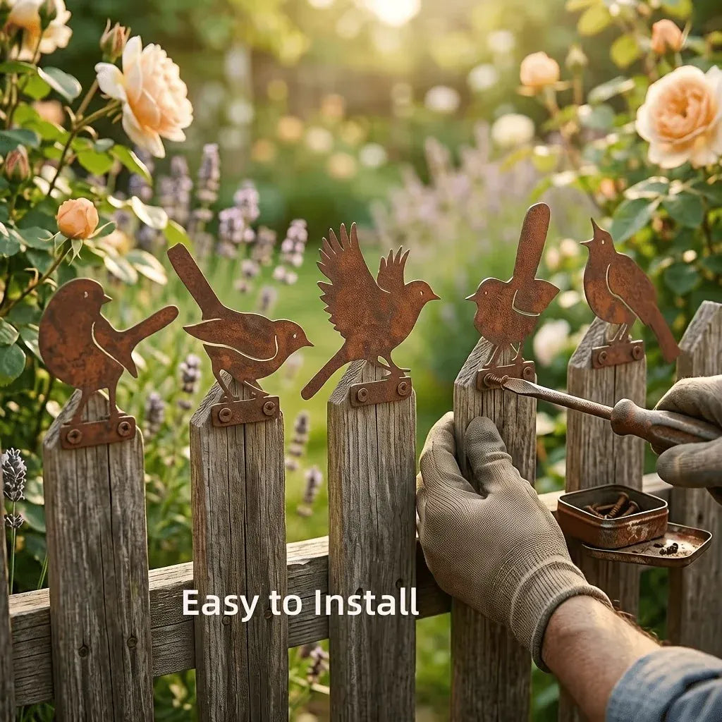 🐦 5-Piece Lifelike Rusty Metal Bird Silhouettes Garden Art