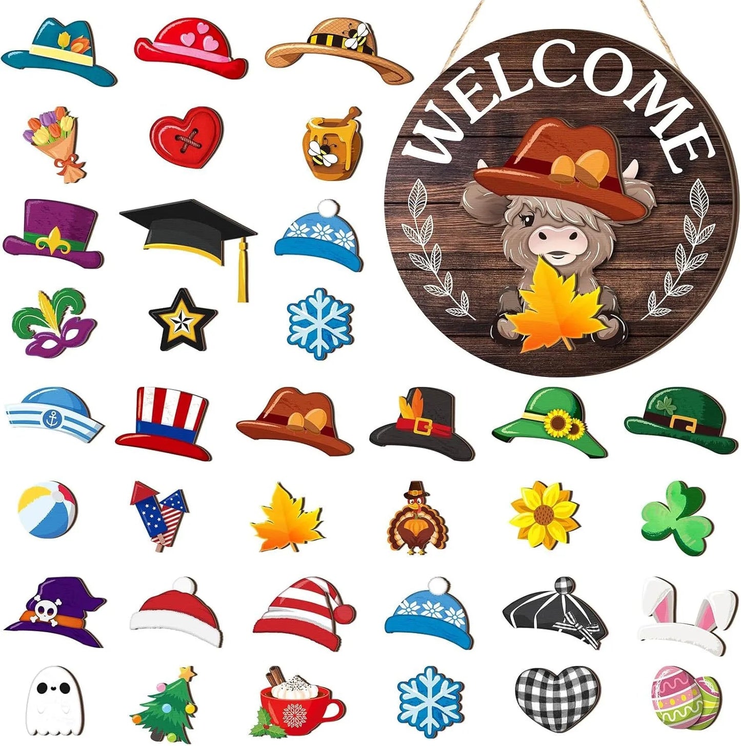 🐮 35-Piece Interchangeable Highland Cow Welcome Sign – Seasonal Magnetic Door Decor