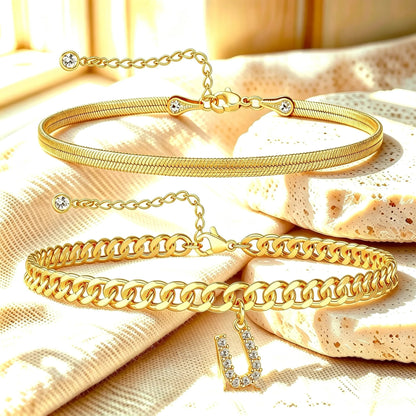 ✨ Gold Initial Anklet – 14K Gold Plated, Waterproof Adjustable Letter Pendant, Stackable Beach Jewelry