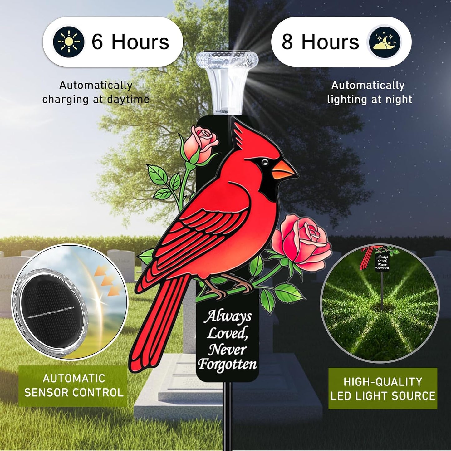 🎖️Solar Cardinal Memorial Stakes for Graves - Metal Cemetery Decorations with LED Light