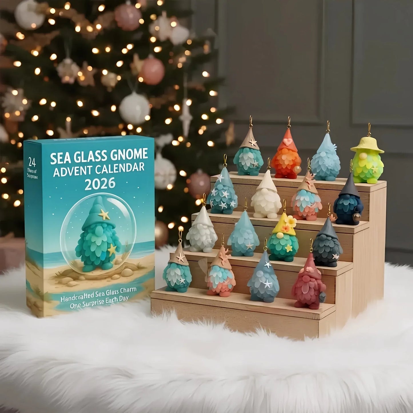 Sea Glass Gnome Advent Calendar 2026 | 24 Coastal Gnome Charms for Christmas Countdown, Tree Decor & Holiday Gifts 🎄✨