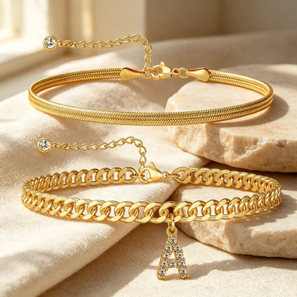 ✨ Gold Initial Anklet – 14K Gold Plated, Waterproof Adjustable Letter Pendant, Stackable Beach Jewelry