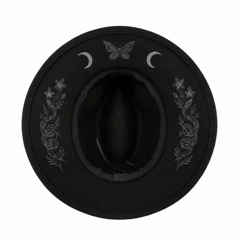 🎃 Gothic Embroidered Wide Brim Fedora Hat 🖤🌙