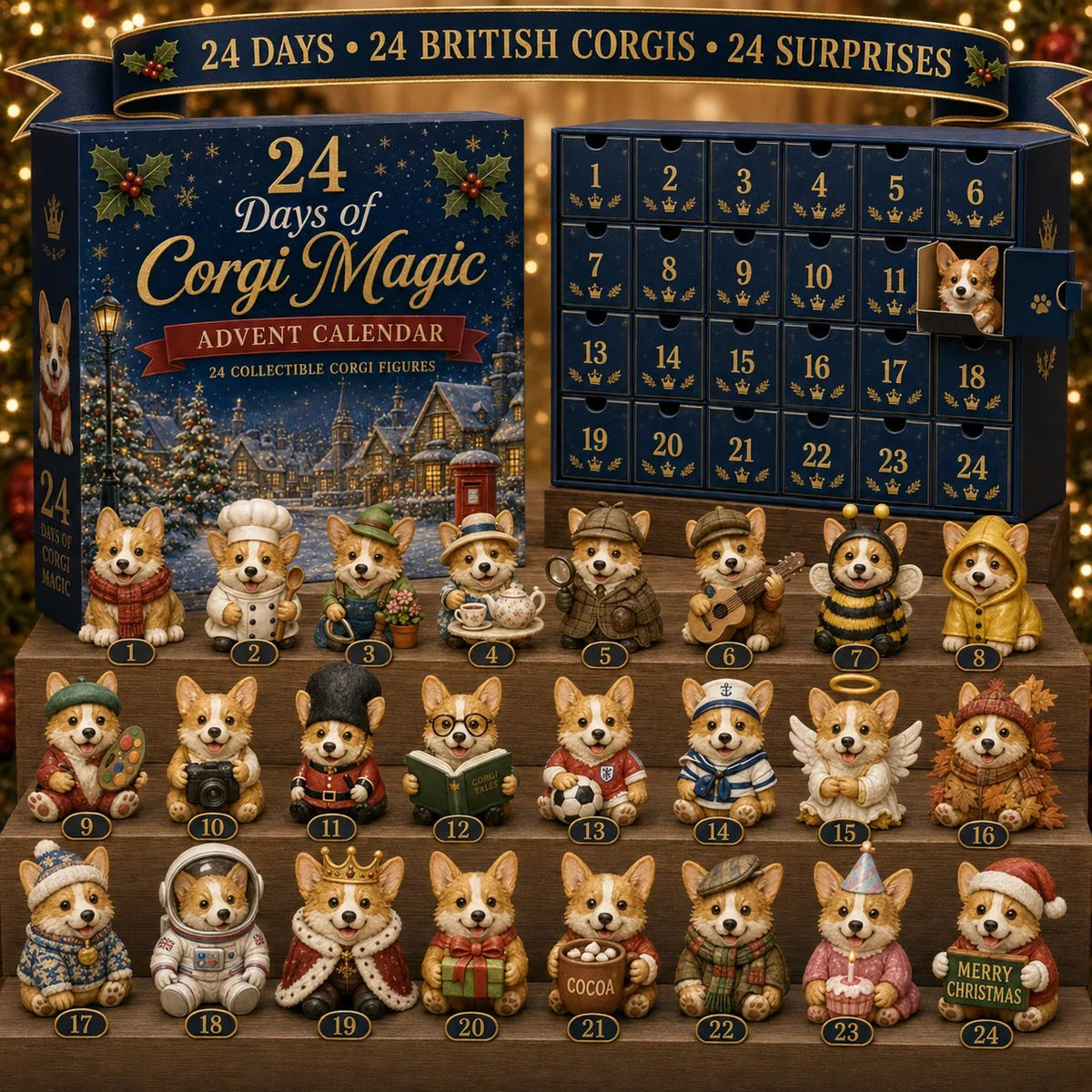 🎄💥British Corgis 2D Advent Calendar 2026 - 24‑Day Festive Countdown, Corgi Figurines Blind Box - Gift For Corgi Lovers