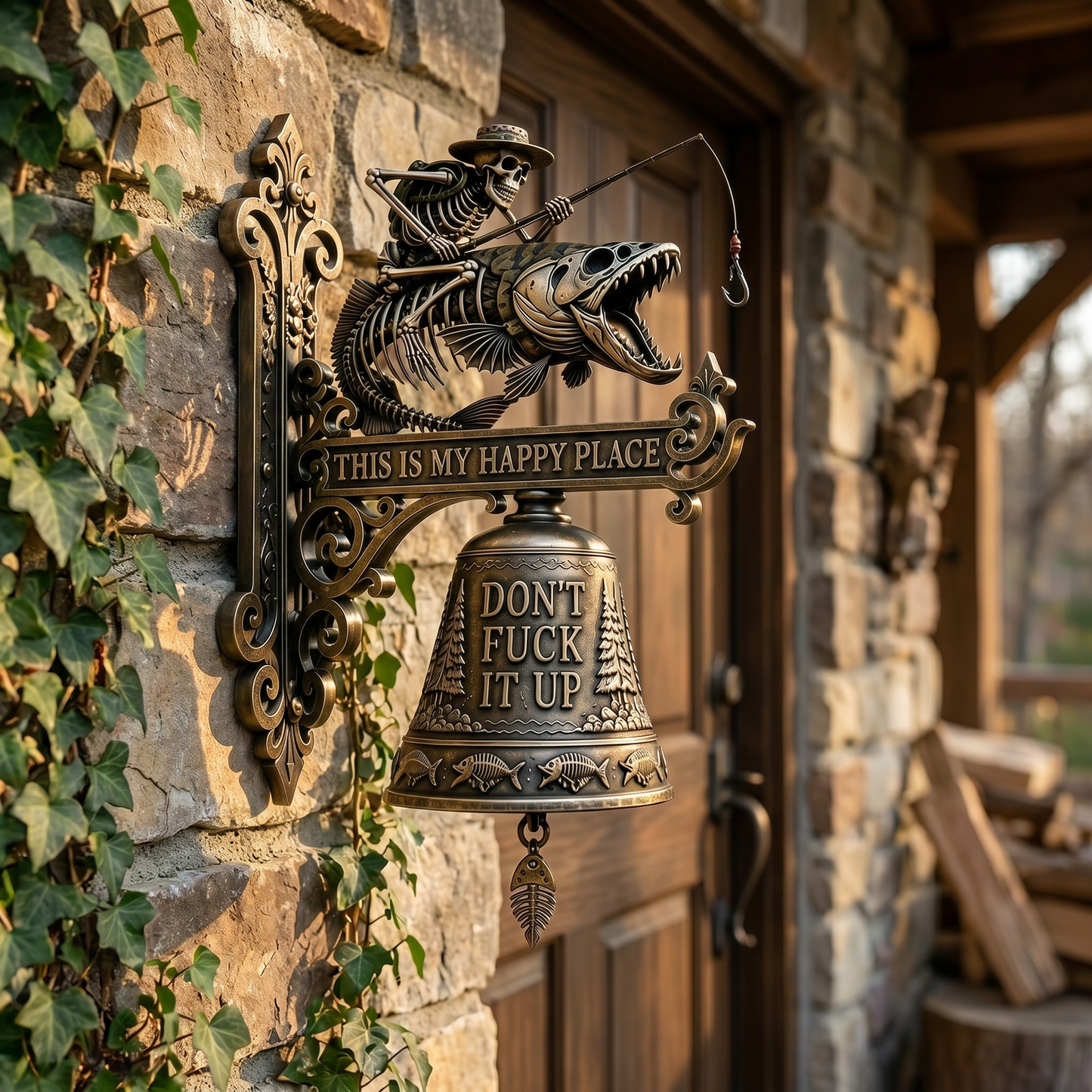 🎣 "This Is My Happy Place Don't F*ck It Up" Skeleton Fishing Wall Bell