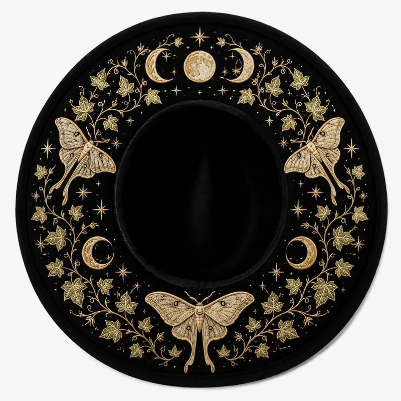 🎃 Gothic Embroidered Wide Brim Fedora Hat 🖤🌙