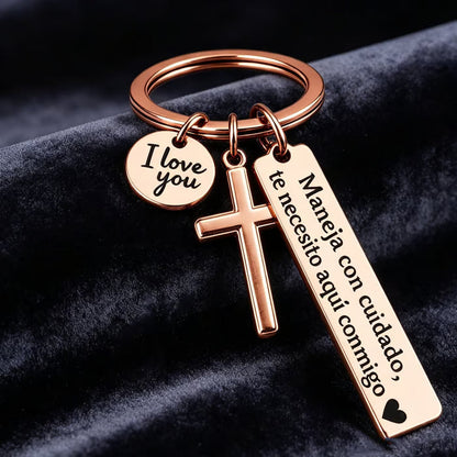 Keychain with Cross and 'I Love You' Charm
