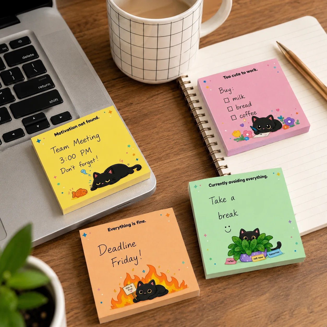 🐾 Sassy Black Cat Sticky Notes – 4 Funny 3" × 3" Memo Pads for Work, School & Home