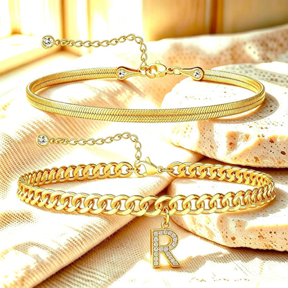 ✨ Gold Initial Anklet – 14K Gold Plated, Waterproof Adjustable Letter Pendant, Stackable Beach Jewelry