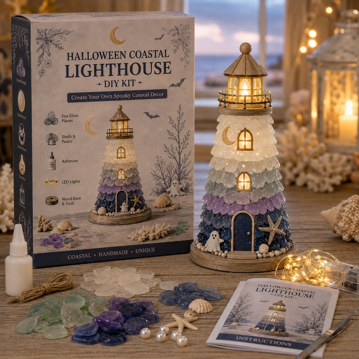 🌊 DIY Sea Glass Lighthouse Kit – Light-Up Coastal Craft & Handmade Home Decor