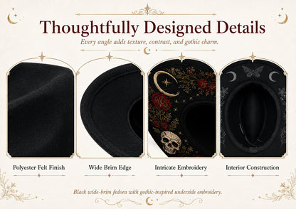 🎃 Gothic Embroidered Wide Brim Fedora Hat 🖤🌙