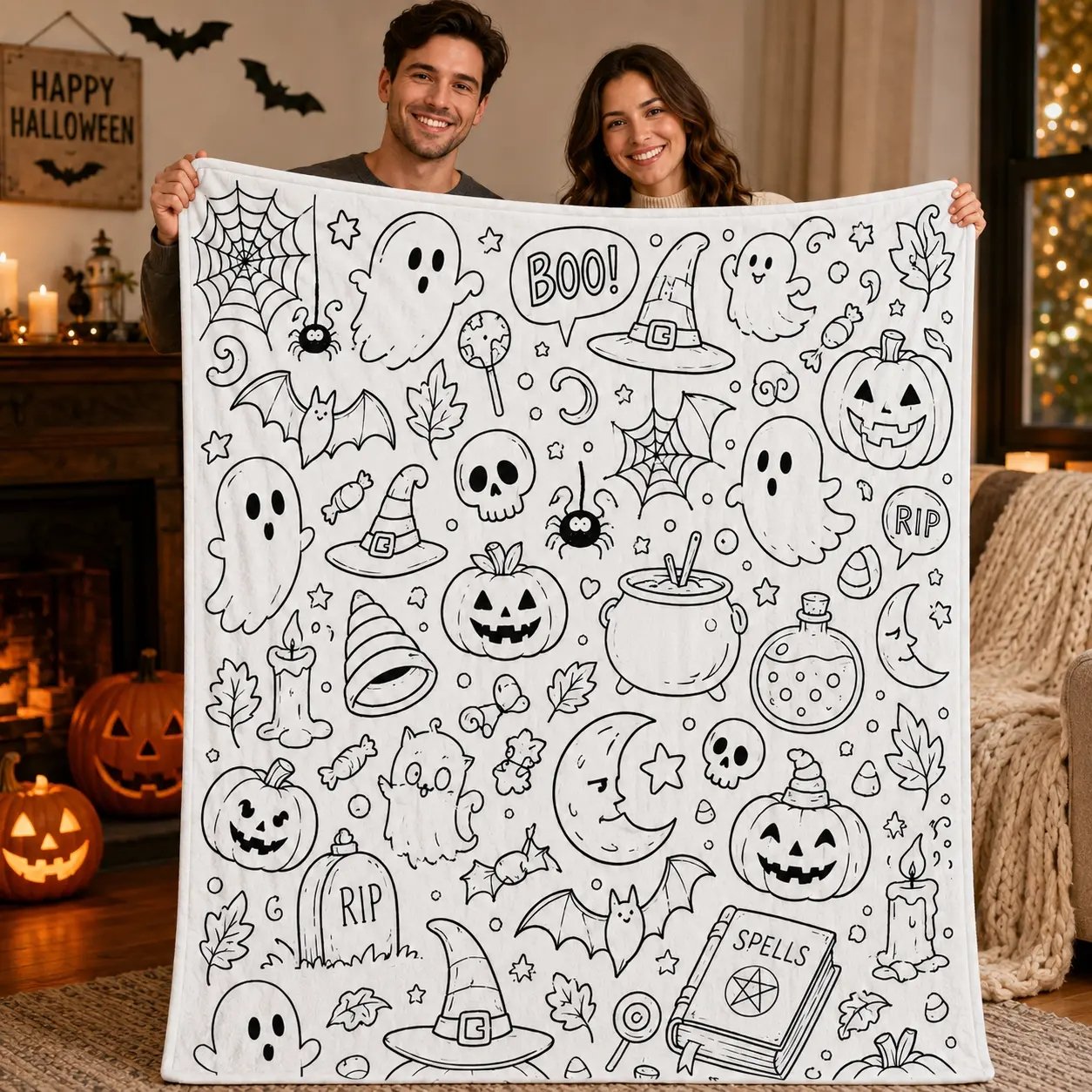 🎨Halloween Colouring Sherpa Blanket| Washable, Reusable, DIY Spooky Decor & Family Craft Gift