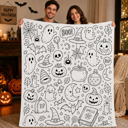 🎨Halloween Colouring Sherpa Blanket| Washable, Reusable, DIY Spooky Decor & Family Craft Gift