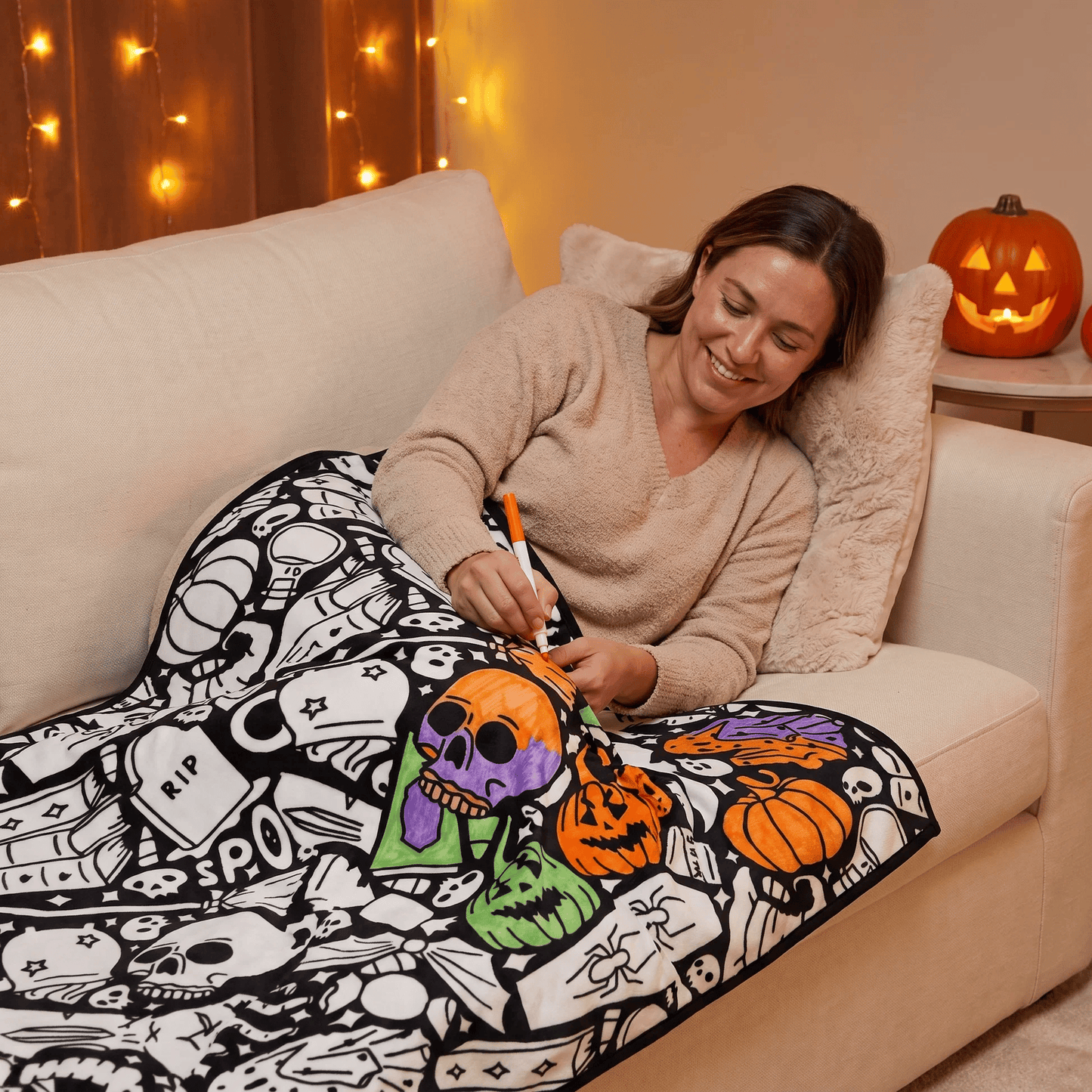 🎨Halloween Colouring Sherpa Blanket| Washable, Reusable, DIY Spooky Decor & Family Craft Gift