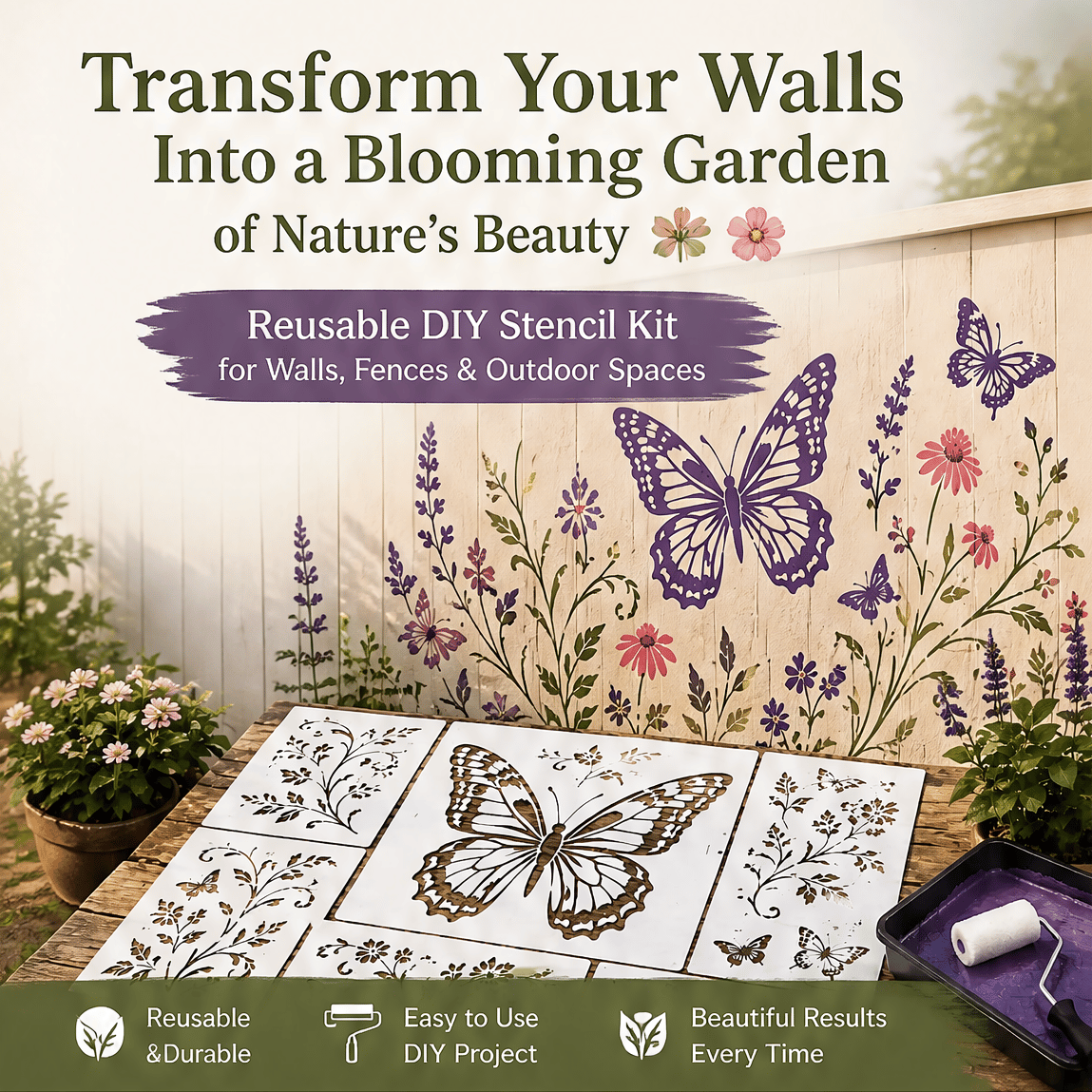 🌿 Garden Wall Stencil, Reusable DIY Kit for Walls, Fences & Patios