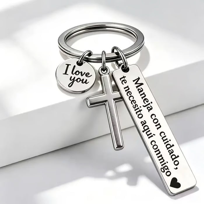 Keychain with Cross and 'I Love You' Charm