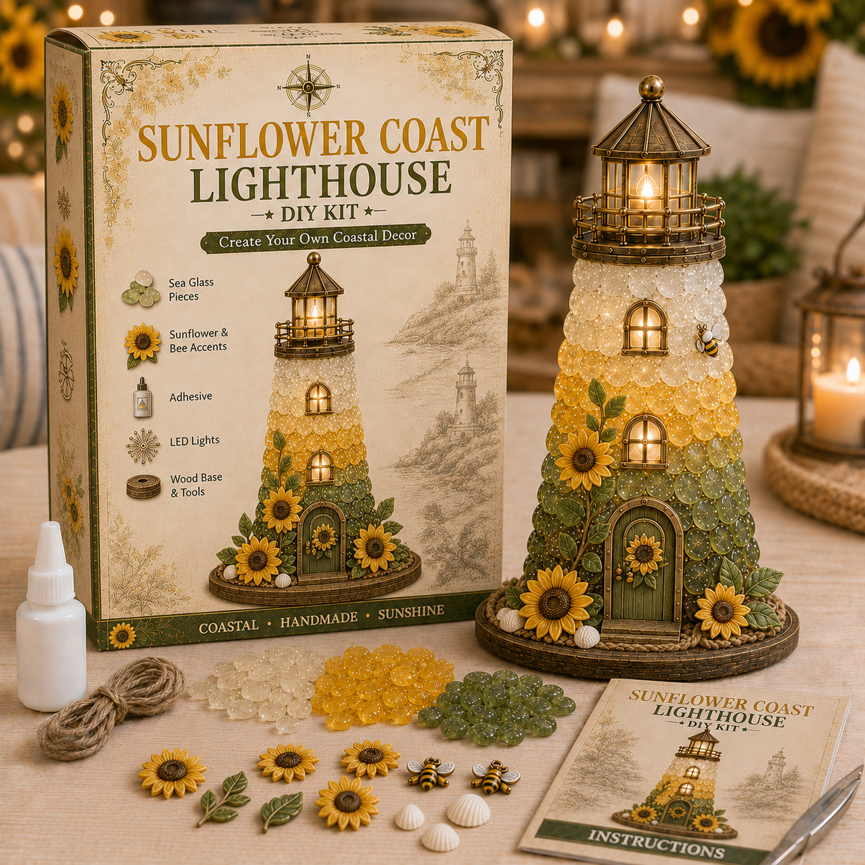 🌊 DIY Sea Glass Lighthouse Kit – Light-Up Coastal Craft & Handmade Home Decor